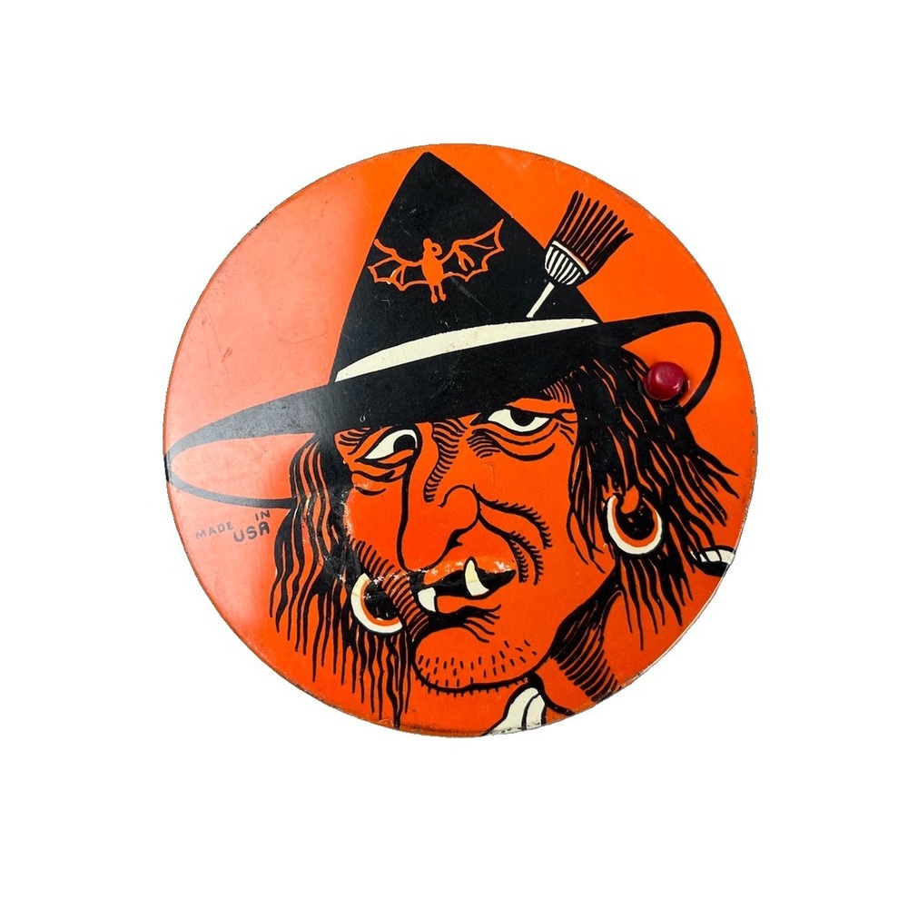 Vintage Halloween Witch Wooden Round Noisemaker Clapper Holiday Noisemakers